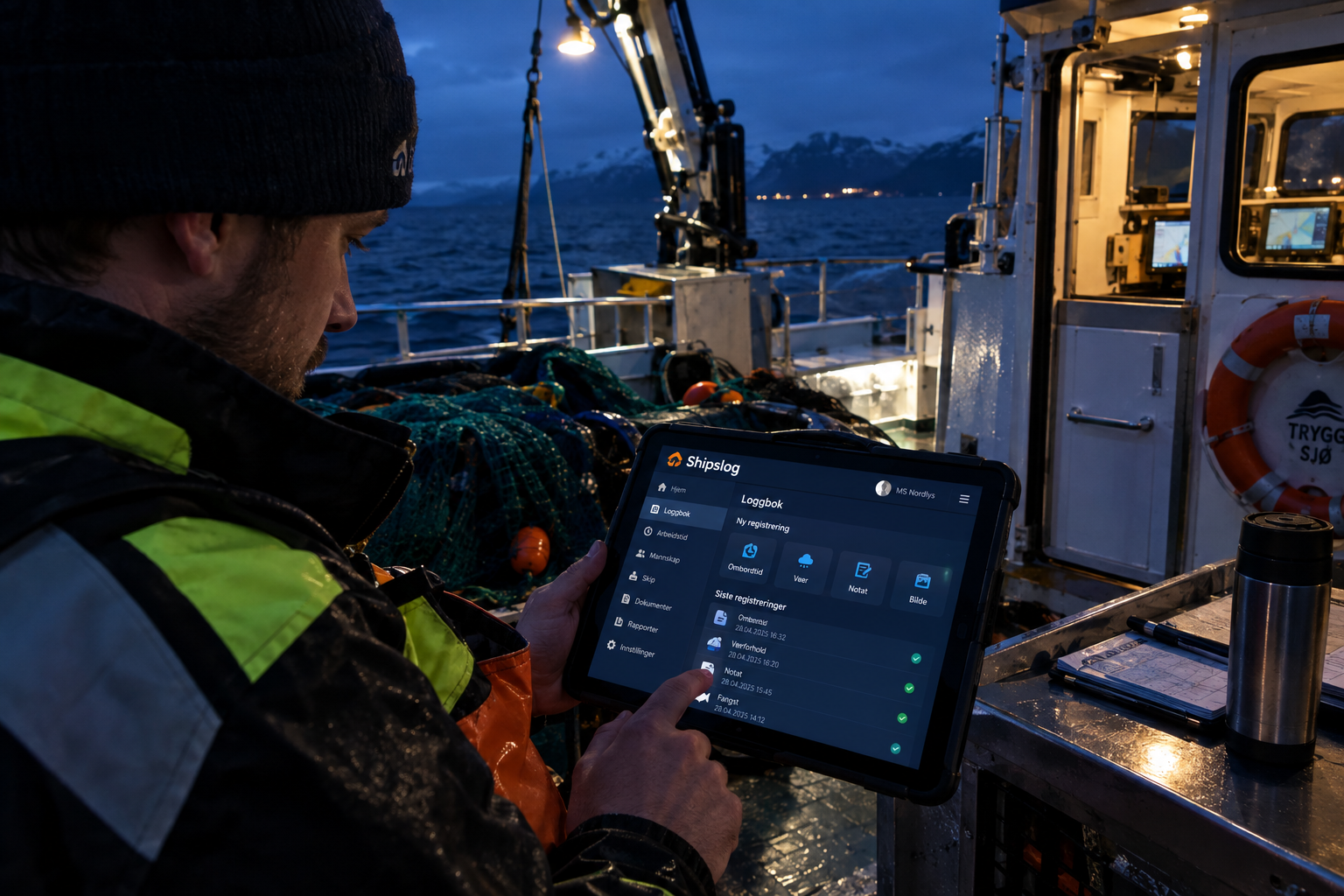Mannskap bruker ShipsLog på nettbrett under arbeid om bord